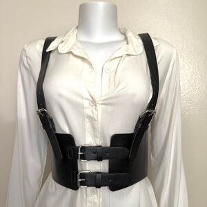 Black PU leather elastic waistband corset belt harness with adjustable straps